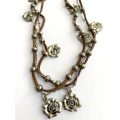 Necklace - Leather Tong and Silver Colour Chain With Pretty Silver Flowers Hanging Off Chain #ML1706