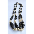 Necklace - Long Vintage Plastic Necklace with Black, Pearl Coloured Beads and Gold Colour round B...