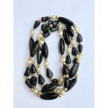 Necklace - Long Vintage Plastic Necklace with Black, Pearl Coloured Beads and Gold Colour round B...