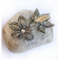 Set - Vintage Silver Colour. Flower Design with a Centred small Pearl style Brooch & Clip on Earr...