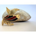 Brooch - Vintage Gold Tone Bird Design with Enamel Red and Black Wings with a Red Glass Eye ML1744