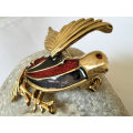 Brooch - Vintage Gold Tone Bird Design with Enamel Red and Black Wings with a Red Glass Eye ML1744