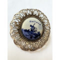 Brooch- Delft Vintage Silver Tone Lace Filigree Porcelain Windmill Design with Holland Written on...