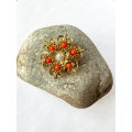 Brooch - Gold Tone Flower Shape Design with Centre Pearly Bead surrounded by 6 Coral Colour Beads...
