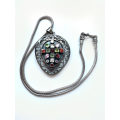 Necklace - 925 Silver Large Rustic Teardrop Shape with Mosaic Type Coloured Stones ML1930