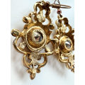 Earrings - Vintage Gold Tone Chandelier Design with Round Red Glass Bead for Pierced Ears ML1942
