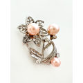 Brooch - Vintage Silver Tone Flower with Stem and Leaves. Pink Faux Pearls & Diamantes ML1972