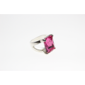 Ring - Vintage Silver Tone Split Band with Pink Glass Bead - ML2419