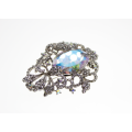 Brooch - Vintage Silver Tone Floral Style with Large Centre Stone,Marcasite and Rhinestones - ML2425