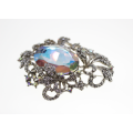 Brooch - Vintage Silver Tone Floral Style with Large Centre Stone,Marcasite and Rhinestones - ML2425