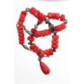 Necklace - Vintage Coral Necklace with Silver Tone Chain and Various Size Coral Beads - ML2493