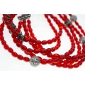 Necklace - Vintage Silver Tone Carnelian Beaded Necklace with Ornament Shape Balls - ML2507
