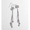 Earrings - Fashion Silver Tone Stamped Dangle Earrings with Hanging Diamantes & Diamante Bow - ML...