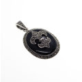 Pendant - 925 Silver. Black Enamel Oval with Marcasite Fleur De Lis - ML2530