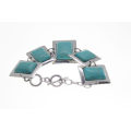 Bracelet - Vintage Silver Tone Rectangle Link Bracelet with Rectangular Turquoise Stones - ML2538