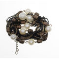 Necklace - Vintage Metal, Black and Gold Tone Multi-strand Long Necklace with Faux Pearls - ML2559