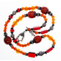Necklace - Fun Red Orange,Beaded Necklace. Silver Tone, Black Beads T Clasp - ML2572