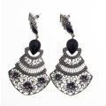 Earrings - Vintage Lightweight Dangly Earrings with Black Beads Silver Tone Flowers - ML2576