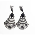 Earrings - Vintage Lightweight Dangly Earrings with Black Beads Silver Tone Flowers - ML2576