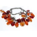 Necklace - Dark Silver Tone Necklace, Orange/Red Stones thin wire around . T Bar Clasp - ML2584