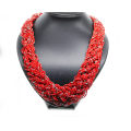 Necklace - Ethnic Red Chuncky Beaded Multilayered Necklace with Silver Tone Chain Clasp - ML2592