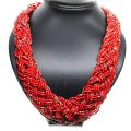Necklace - Ethnic Red Chuncky Beaded Multilayered Necklace with Silver Tone Chain Clasp - ML2592