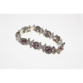 Bracelet - Vintage Silver Tone Noughts and Crosses Bracelet with Pink and Clear Stones - ML2606
