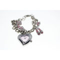 Bracelet - Vintage Silver Tone Charm Bracelet with Pink and White Girly Charms, Diva Heart Clock ...