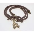 Necklace - Rose Gold Tone Choker knotted with hanging Faux Pearls - ML2647