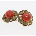Earrings - Gold Tone Vintage Flower Style with Metalic Coral Coloured Centre. Clip Ons - ML2650