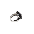 Ring - Silver Tone Heart Shape Black Marcasite Ring. Clear Heart Stone in Centre - ML2858