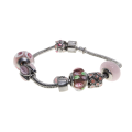 Bracelet - Silver Tone Snake Chain with Pink and Silver Beads - ML2926