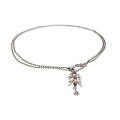 Necklace - Silver Tone Chain. Long Leaf Style Pendant. Plum & Orange Diamantes - ML2969