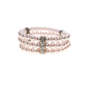 Bracelet  - Silver Tone 3 Layered Pink Faux Pearls with 3 Diamante Strips. Stretchable. - ML2995