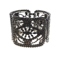 Bangle - Gun Metal Tone Wide Chunky Adjustable Bangle. 3 Sections with Flower Centre - ML3012