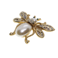 Brooch - Gold Tone Beetle Brooch. Wings Diamante detail. Green Rhinestone Eyes. Faux Pearl - ML3102