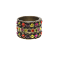 Ring - Gold/Brass Tone Chunky Band. Covered in Multi-Colour Rhinestones. Slightly Tarnished - ML3103