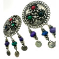 Earrings - Vintage Silver Tone Clip Ons with Coloured Stones - ML2047
