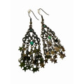 Earrings - Bronze Tone Dangle Earrings with Cascading Stars and Jade Rhinestones - ML2160