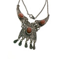 Necklace - Vintage Silver Tone Boho and Azetec Style Necklace with Coral Colour Stones - ML2163