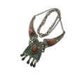 Necklace - Vintage Silver Tone Boho and Azetec Style Necklace with Coral Colour Stones - ML2163