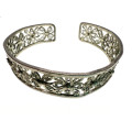 Bracelet - Vintage Silver Tone Filigree Cuff Bracelet Flowers and Butterflies - ML2167