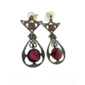 Earrings - Vintage Ornate Silver Tone Earrings with 2 x Pink Stones in Each - ML2187