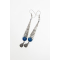 Earrings - Silver Tone Dangling Teardrop Earrings with Teal Blue Ball and Filigree Design - ML2249