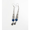 Earrings - Silver Tone Dangling Teardrop Earrings with Teal Blue Ball and Filigree Design - ML2249