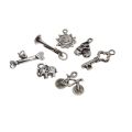 Charms - Silver Tone pack of 7 Charms. Bicycle, Elephant, Sun, Shoes, Bone, Key & Trumpet - ML3129