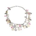 Necklace - Silver Tone Vintage Double Strand Choker with Pink Bead, Mother of Pearl Disks - ML3156