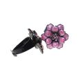 Ring - Black Metal Band x 2 with Pink Metal Flower with Centre Rhinestones. Resizable - ML3219