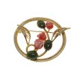 Brooch - Gold Tone Vintage Round Brooch. Coral Flowers & Jade Beads. Filigree - ML3293