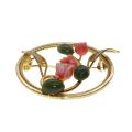 Brooch - Gold Tone Vintage Round Brooch. Coral Flowers & Jade Beads. Filigree - ML3293